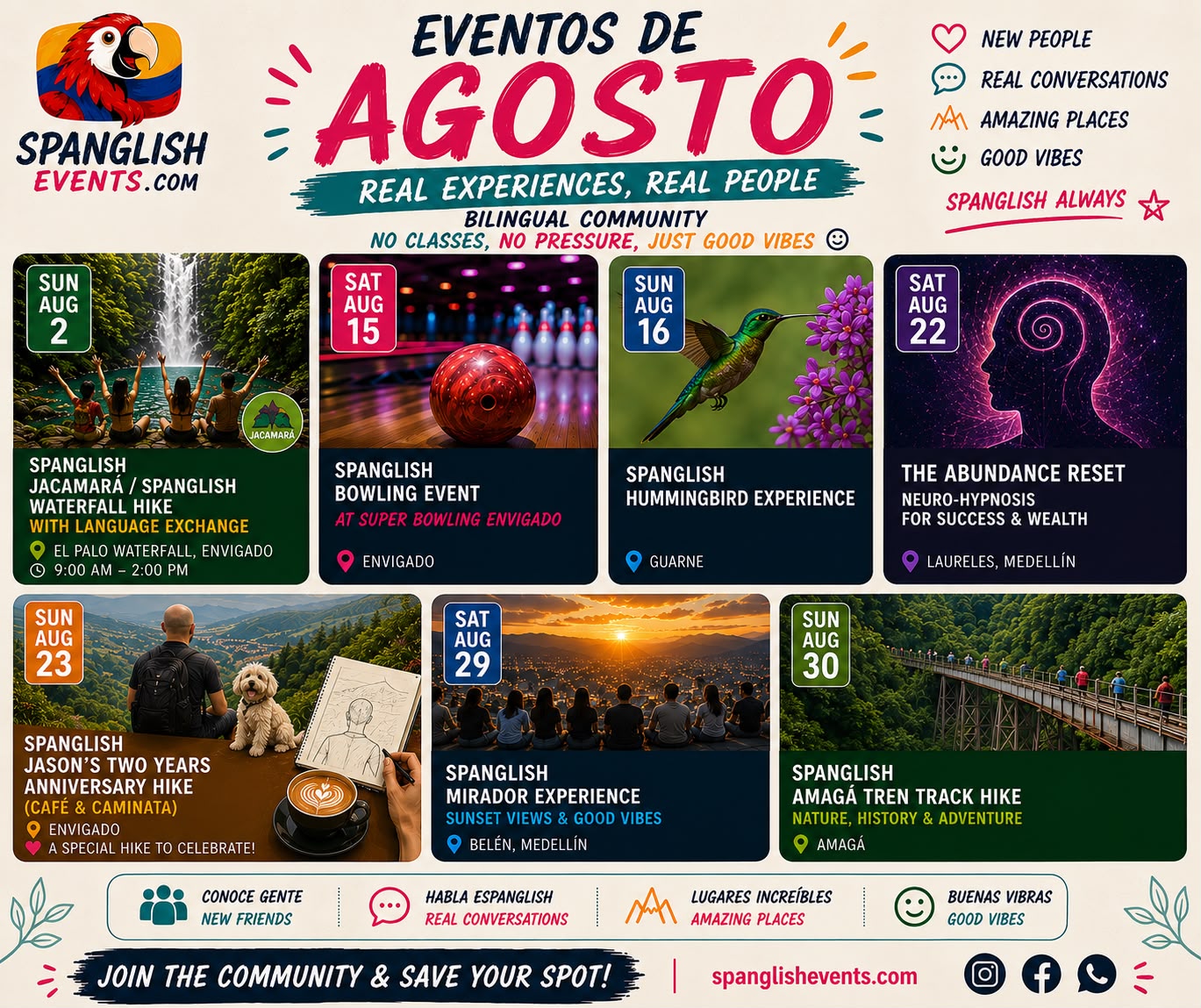 Flyer showing the seven Spanglish Events experiences scheduled for August 2026